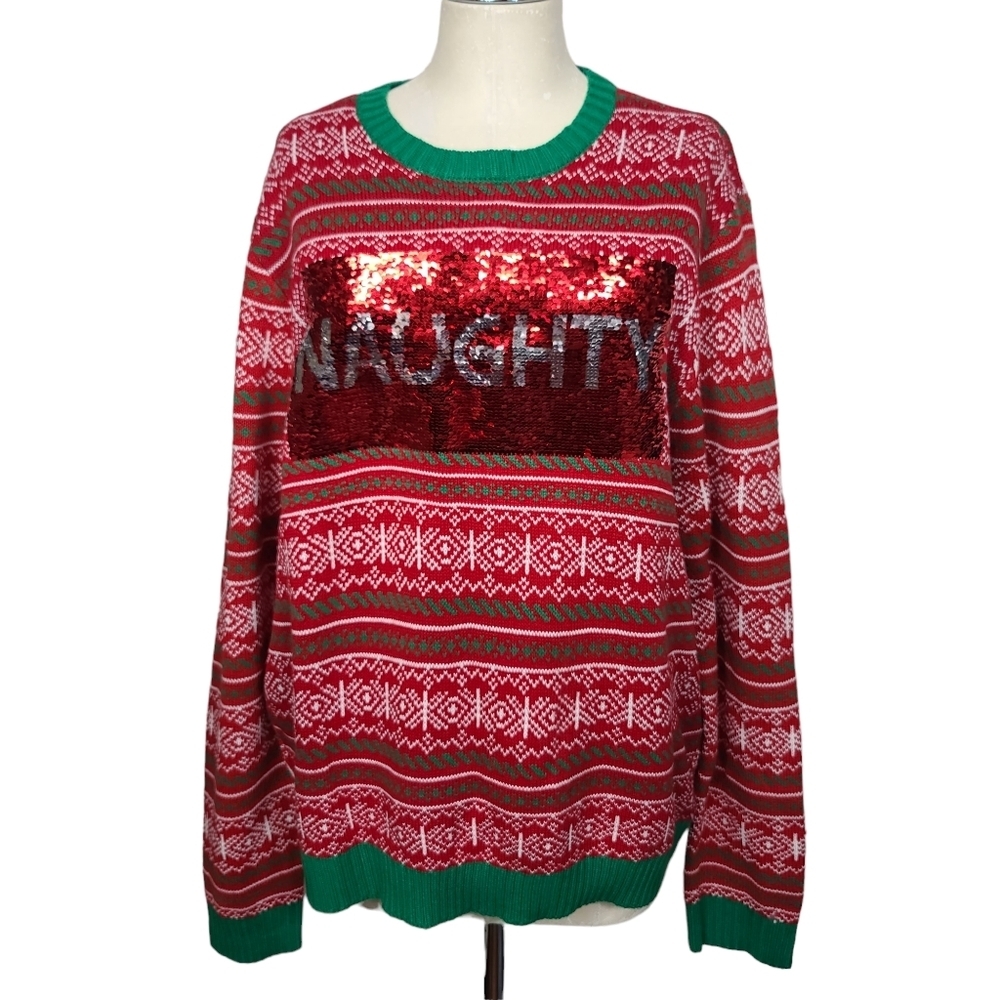 NWT 33 Degrees Naughty Nice Sequin Red Green White Silver Christmas Sweater XL